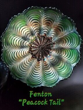 Fenton 1910 Green Peacock Tail Carnival Art Glass Antique 6 5/8" 116 YrOld Bowl